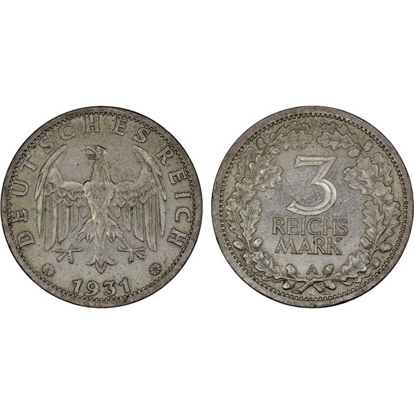 GERMANY: Weimar Republic, AR 3 reichsmark, 1931-A, Choice XF