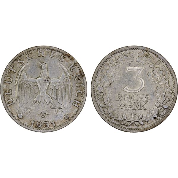 GERMANY: Weimar Republic, AR 3 reichsmark, 1931-F, XF