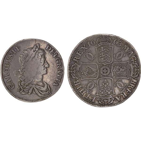 ENGLAND: Charles II, 1660-1685, AR crown, 1663, Fine
