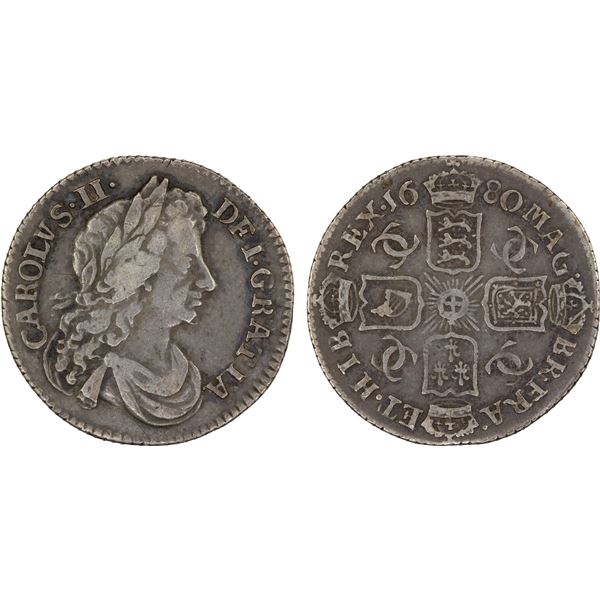 ENGLAND: Charles II, 1660-1685, AR sixpence, 1680, F-VF