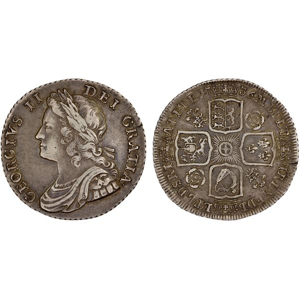 GREAT BRITAIN: George II, 1727-1760, AR shilling, 1736, VF-XF