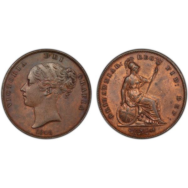 GREAT BRITAIN: Victoria, 1837-1901, AE penny, 1848/7, PCGS MS63 BN