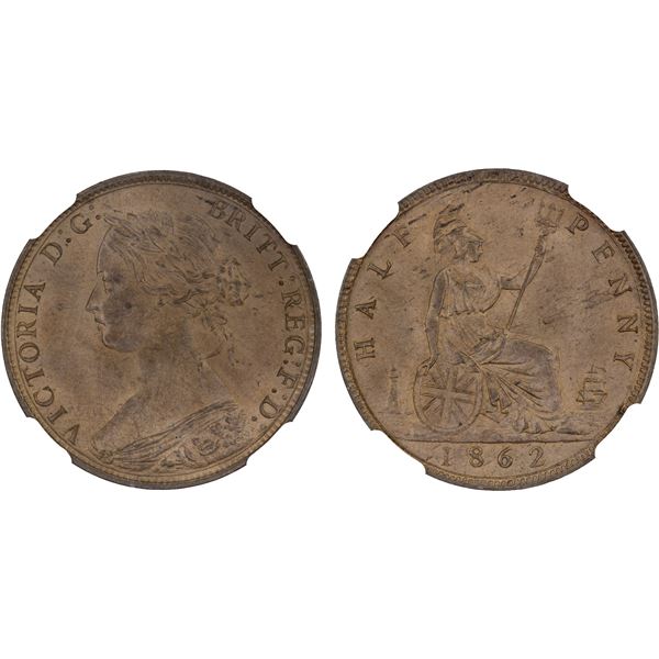 GREAT BRITAIN: Victoria, 1837-1901, AE halfpenny, 1862, NGC MS64 RB