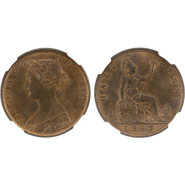 GREAT BRITAIN: Victoria, 1837-1901, AE halfpenny, 1863, NGC MS63 RB