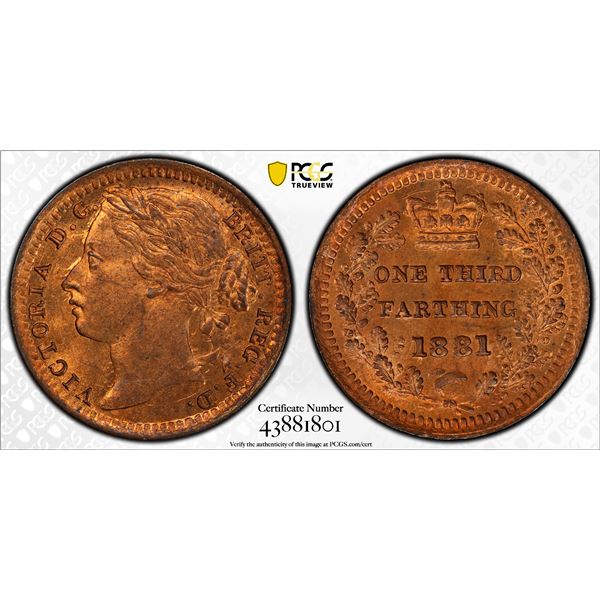 GREAT BRITAIN: Victoria, 1837-1901, AE 1/3 farthing, 1881, PCGS MS65 RB