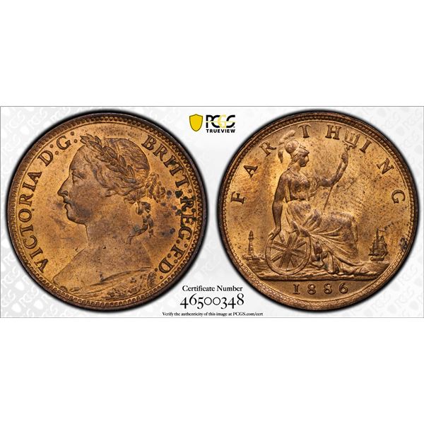 GREAT BRITAIN: Victoria, 1837-1901, AE farthing, 1886, PCGS MS63 RB
