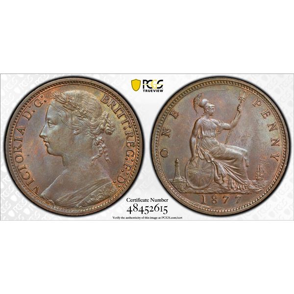 GREAT BRITAIN: Victoria, 1837-1901, AE penny, 1877, PCGS MS63 BN