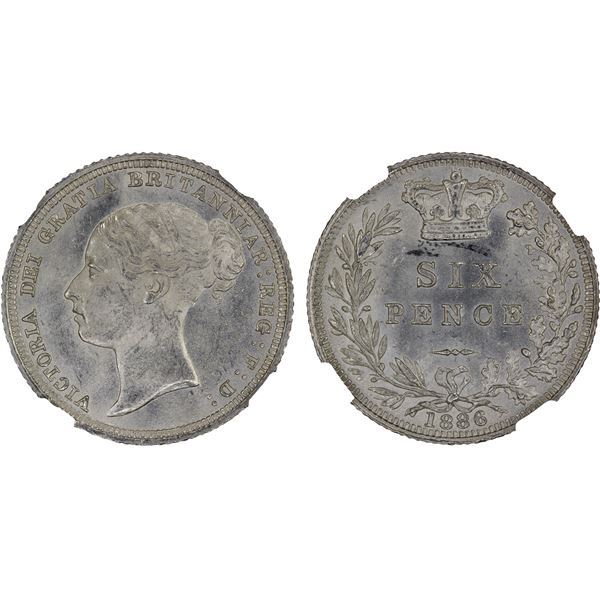 GREAT BRITAIN: Victoria, 1837-1901, AR sixpence, 1886, NGC MS64 +