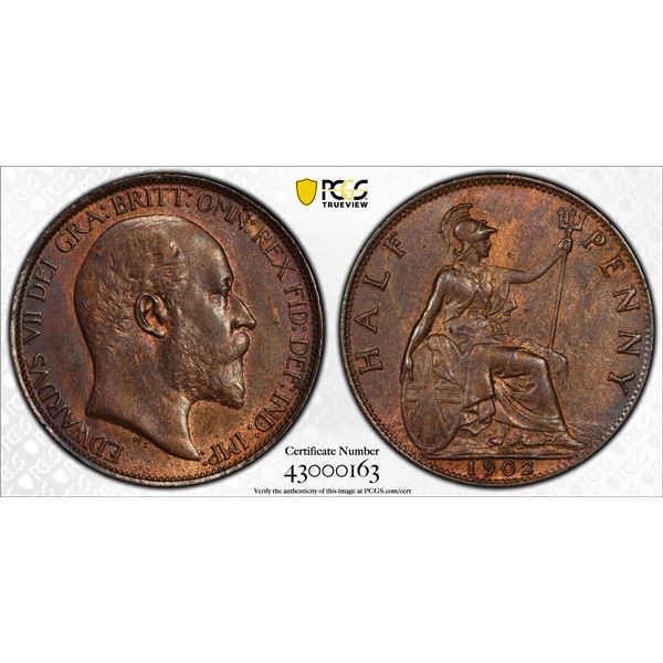 GREAT BRITAIN: Edward VII, 1901-1910, AE halfpenny, 1902, PCGS MS62 BN