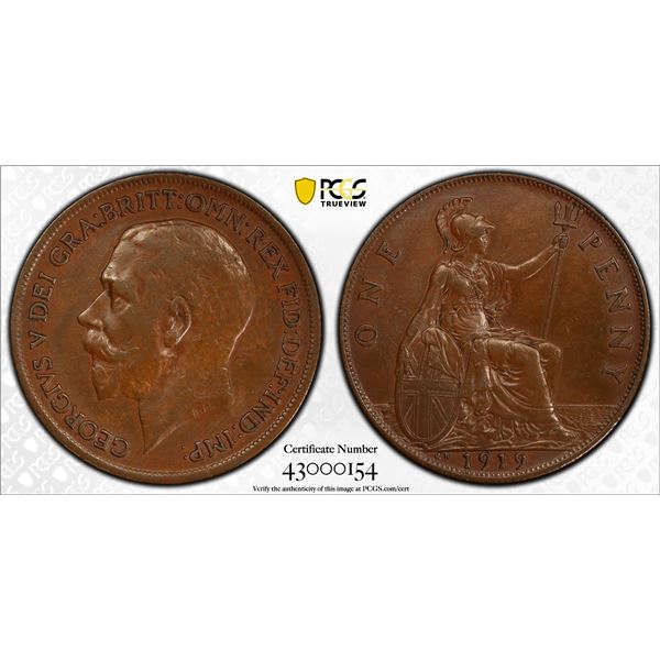 GREAT BRITAIN: George V, 1910-1936, AE penny, 1919-KN, PCGS EF45