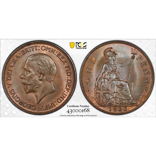 GREAT BRITAIN: George V, 1910-1936, AE penny, 1932, PCGS MS65 BN