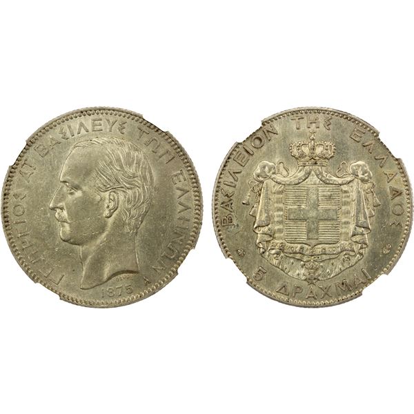 GREECE: George I, 1863-1913, AR 5 drachmai, 1875-A, NGC AU55