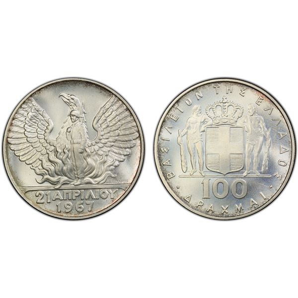 GREECE: Constantine II, 1964-1973, AR 100 drachmai, 1967 (1970), PCGS MS68