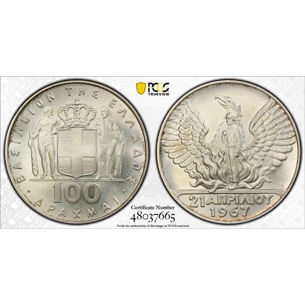 GREECE: Constantine II, 1964-1973, AR 100 drachmai, 1967 (1970), PCGS MS67