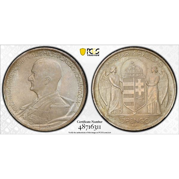 HUNGARY: Nicolas Horthy, 1920-1944, AR 5 pengö, 1939-BP, PCGS MS64