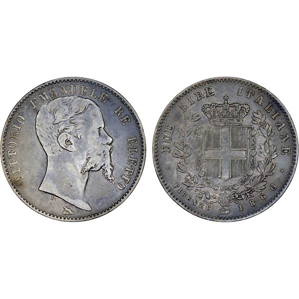 EMILIA: Vittorio Emanuele II, 1859-1861, AR 2 lire, 1860, F-VF