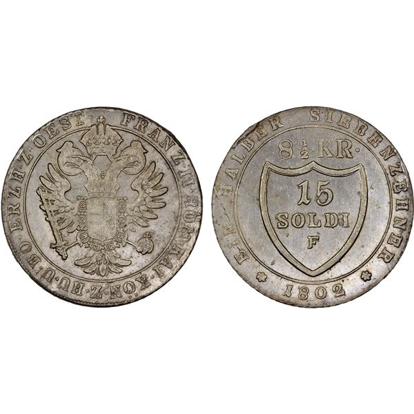 GORIZIA: Francesco II, 1792-1804, AR 15 soldi, 1802-F, Choice XF