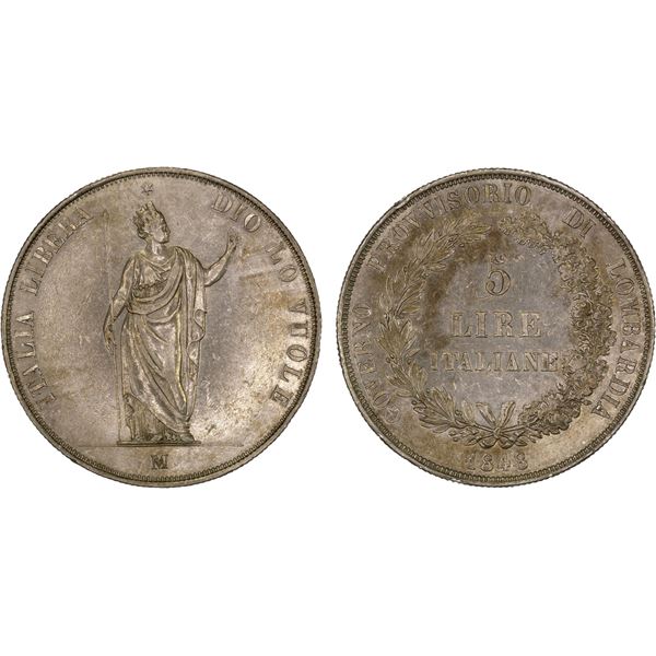 LOMBARDY-VENETIA: Revolutionary Provisional Government, AR 5 lire, 1848-M, XF