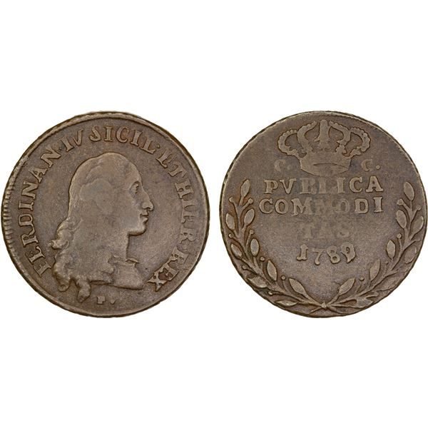 NAPLES: Ferdinando IV, 1st reign, 1759-1799, AE 3 tornesi, 1789, VF
