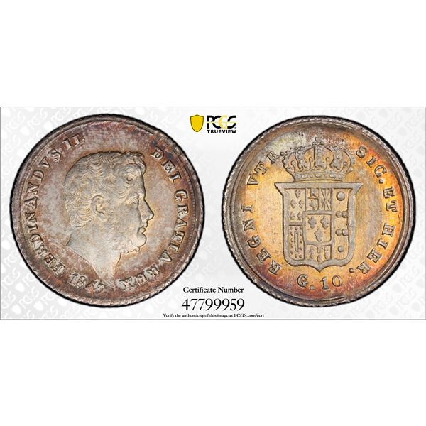 NAPLES & SICILY: Ferdinando II, 1830-1859, AR 10 grana, 1847, PCGS MS64