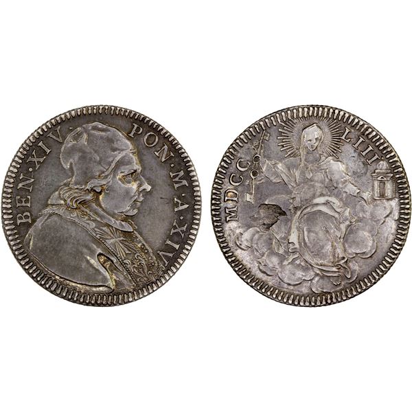 PAPAL STATES: Benedict XIV, 1740-1758, AR 2 giulio, 1753, AU