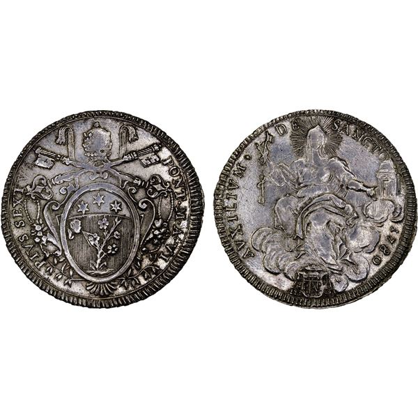 PAPAL STATES: Pius VI, 1775-1799, AR scudo, 1780-VI, XF