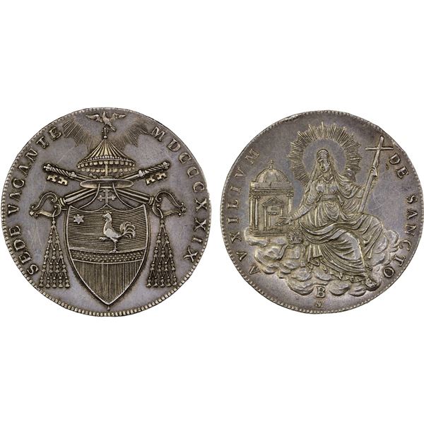 PAPAL STATES: Sede Vacante, 1829, AR scudo, 1829-B, VF-XF