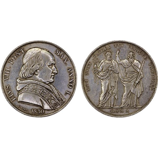 PAPAL STATES: Pius VIII, 1829-1830, AR scudo, 1830-R, About XF