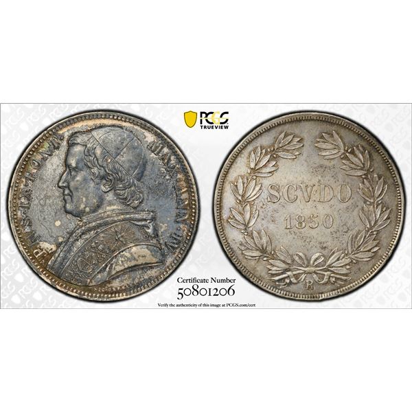 PAPAL STATES: Pius IX, 1846-1870, AR scudo, 1850 year IV, PCGS AU details