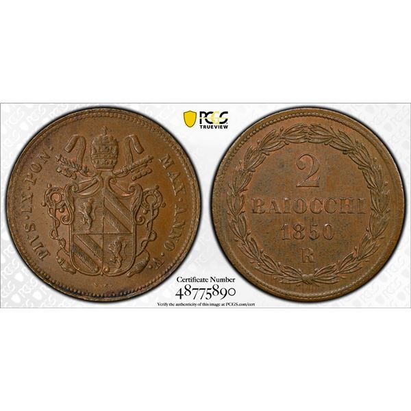PAPAL STATES: Pius IX, 1846-1878, AE 2 baiocchi, 1850-R year V, PCGS MS62 BN