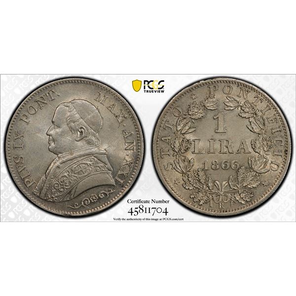 PAPAL STATES: Pius IX, 1846-1878, AR lira, 1866-R year XXI, PCGS MS62