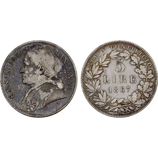 PAPAL STATES: Pius IX, 1846-1878, AR 5 lire, 1867-XXI-R