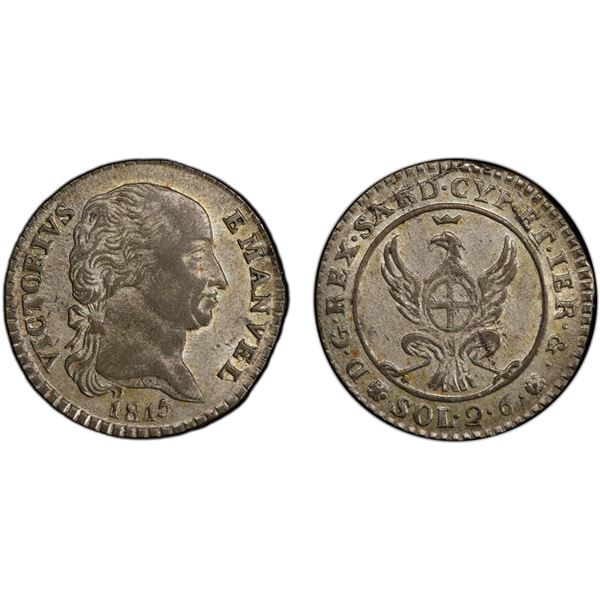 SARDINIA: Vittorio Emanuele I, 1802-1821, BI 2.6 soldi, 1815, PCGS AU58