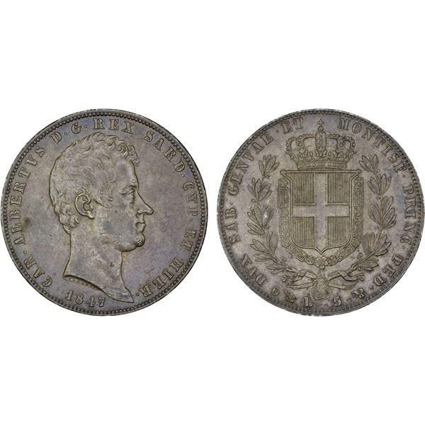 SARDINIA: Carlo Alberto, 1831-1849, AR 5 lire, 1847-P, AU