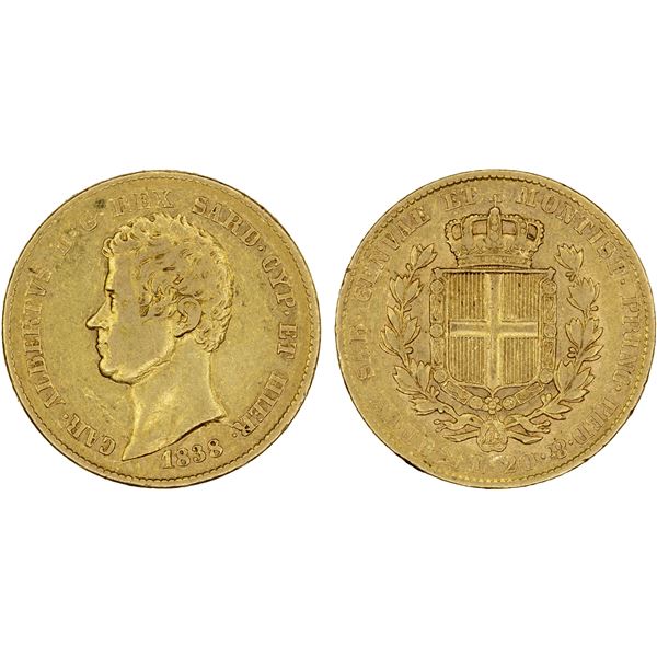 SARDINIA: Carlo Alberto, 1831-1849, AV 20 lire, 1838, F-VF