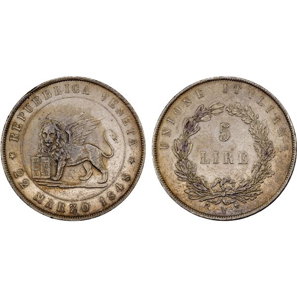 VENICE: Revolutionary Issue, AR 5 lire, 1848-V, VF-XF