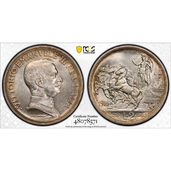 ITALY: Vittorio Emanuele III, 1900-1946, AR 2 lire, 1916-R, PCGS MS64