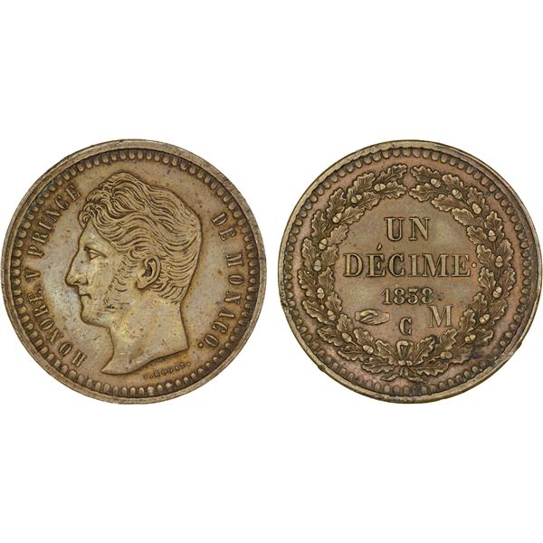 MONACO: Honore V, 1819-1841, AE decime, 1838-M, VF-XF