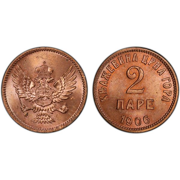 MONTENEGRO: Nicholas I, 1860-1918, AE 2 pare, 1906, PCGS MS65 RD