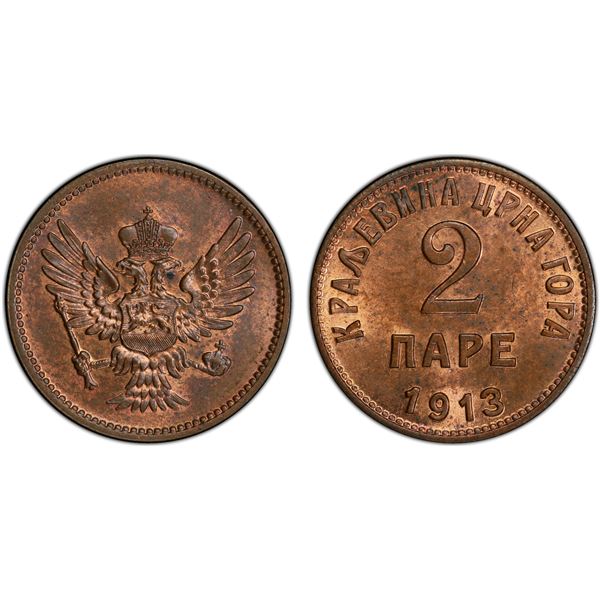 MONTENEGRO: Nicholas I, 1860-1910, AE para, 1913, PCGS MS64 RB
