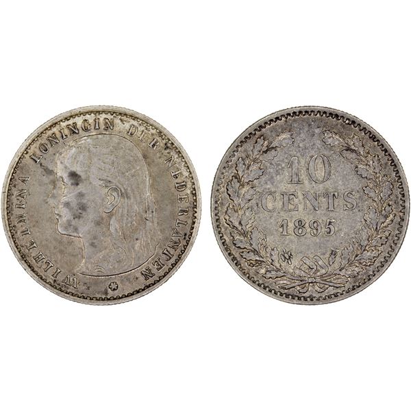 NETHERLANDS: Wilhelmina I, 1890-1848, AR 10 cents, 1895, XF