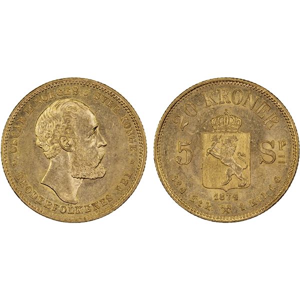 NORWAY: Oscar II, 1872-1905, AV 20 kroner / 5 speciedaler, 1874, Unc