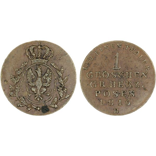 POLAND: GRAND DUCHY OF POSEN: Prussian Client State, AE groschen, 1816-B, XF-AU