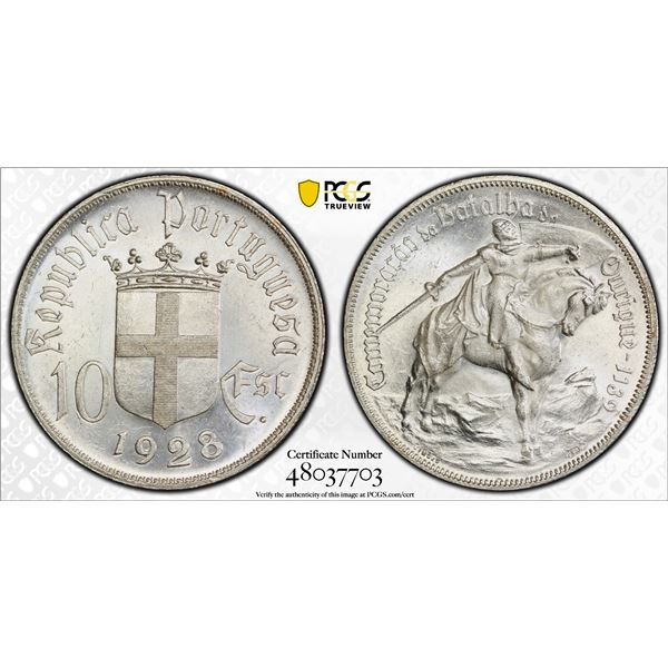 PORTUGAL: Republic, AR 10 escudos, 1928, PCGS MS63