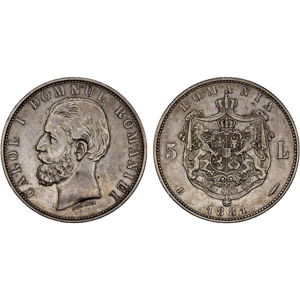 ROMANIA: Carol I, as Prince, 1886-1881, AR 5 lei, 1881-B, Choice VF