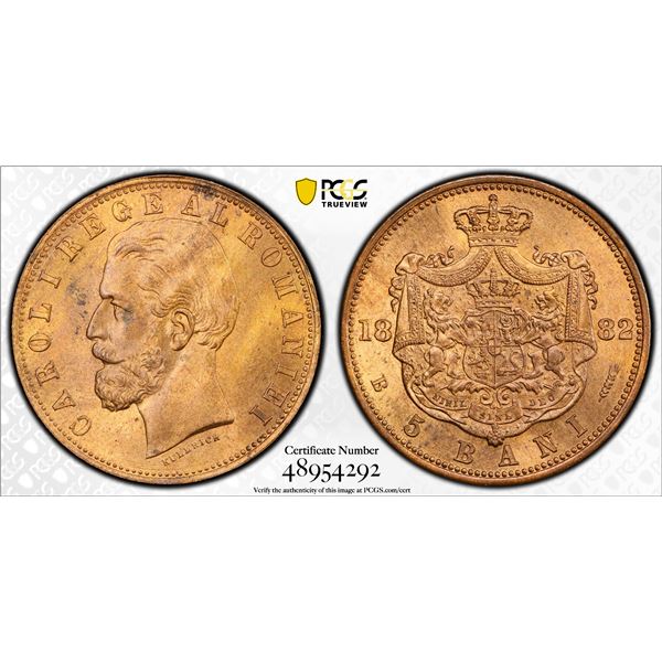 ROMANIA: Carol I, as King, 1881-1914, AE 5 bani, 1882-B, PCGS MS64 RB