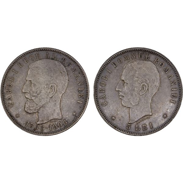 ROMANIA: Carol I, as King, 1881-1914, AR 5 lei (24.94g), 1906, VF
