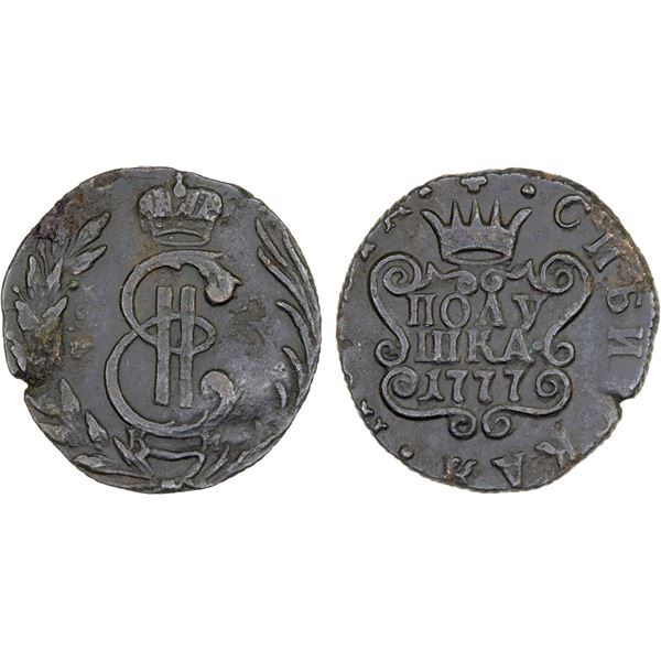 RUSSIAN PROVINCIAL: SIBERIA: Catherine II, 1762-1796, AE polushka, 1777-KM, XF