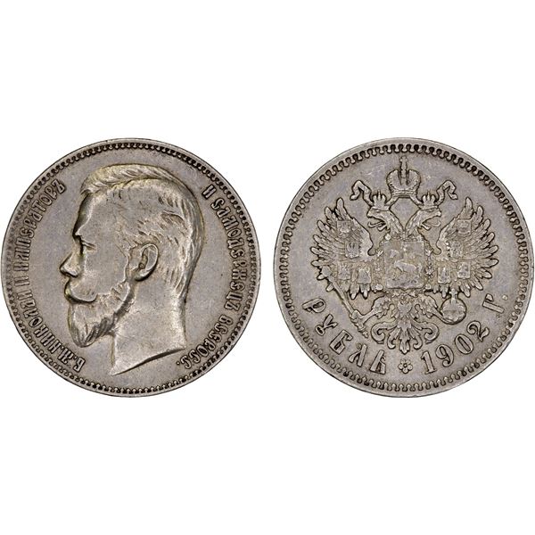 RUSSIAN EMPIRE: Nicholas II, 1894-1917, AR rouble, 1902, Choice VF