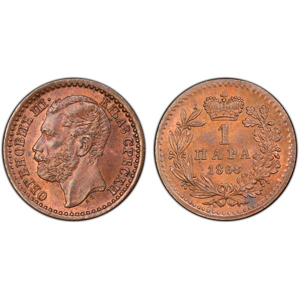 SERBIA: Mihailo Obrenovic III, 1860-1868, AE para, 1868, PCGS MS64 RB